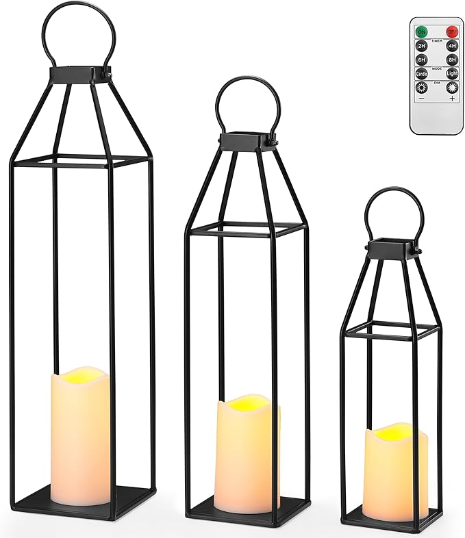 Perfnique Set of 3 Black Metal Lanterns w/ Waterproof Flickering Flameless Candle & Remote Timer, Modern Farmhouse Lanterns Decorative for Outdoor, Front Porch, Indoor, Patio, Garden, Fireplace
