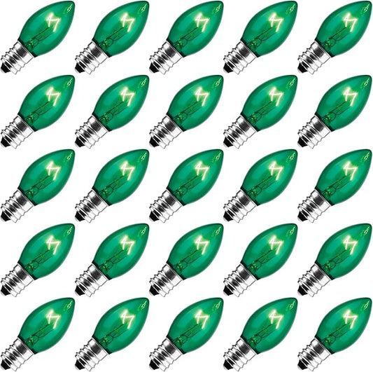 Brightown 25-Pack C7 Christmas Replacement Bulbs, C7 Green Incandescent Bulbs for Christmas Light Strings, E12 Candelabra Base, 5 Watt