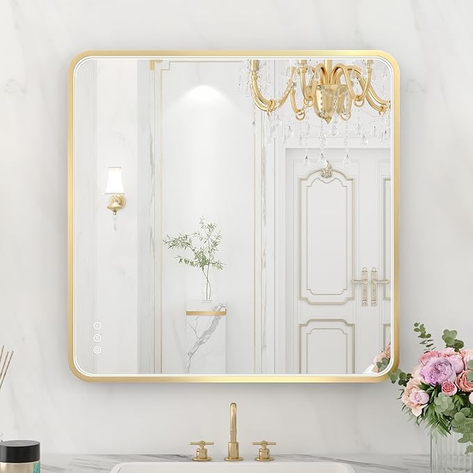 LED Bathroom Mirror with Lights, 32x32 Inch Gold Metal Framed LED Mirror for Bathroom, 3 Colors and Stepless Dimmable Wall Mounted Lighted Bathroom Vanity Mirror, Anti-Fog, Memory