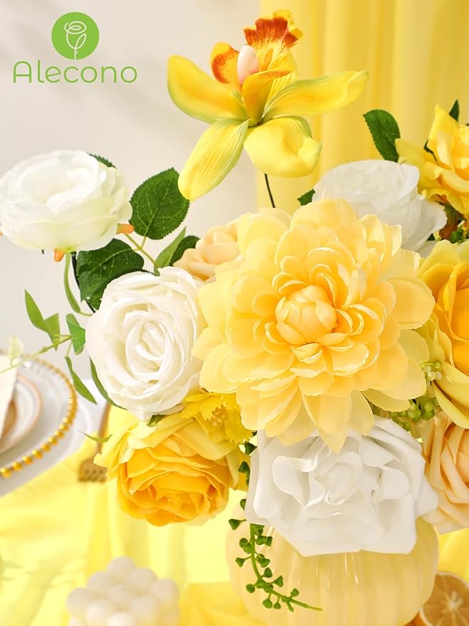 Alecono Artificial Flowers, Yellow Fake Spring Flowers Combo Box with Stems for DIY Wedding Cake, Party Table Centerpieces Home Decor