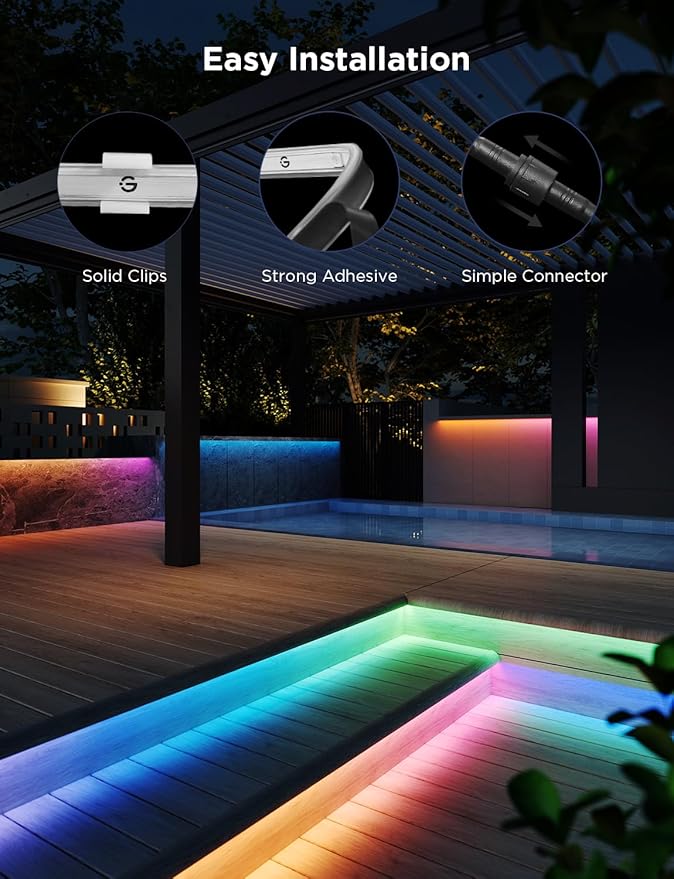 Govee Outdoor LED Strip Lights, 32.8ft Smart Outdoor Lights Work with Alexa and Google Assistant, App Control, IP65 Waterproof, RGBIC LED Lights for Patio, Eave, Holiday Decorations