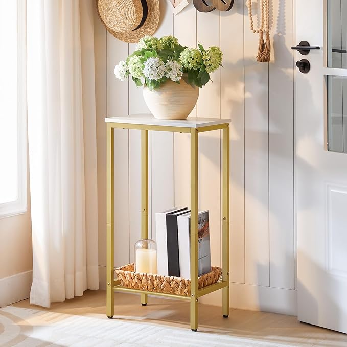 HOOBRO Tall Side Table, Industrial End Telephone Table with Adjustable Mesh Shelves, for Living Room, Bedroom, Entryway, Office, White and Gold DW03DH01