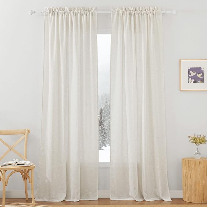 RYB HOME Thick Linen Curtains, Extra 66 inches Widith Light Filtering Semi Translucent Farmhouse Window Treatments for Home Office Living Room Bedroom, W 66 x L 95 inches, Linen, 2 Panels