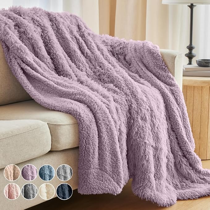 The Connecticut Home Co Throw Blanket Soft Fluffy Room Decor, Cozy Warm Throws for Bed, Couch, Gifts for Women, Bedroom Cute Aesthetic Blankets Shag and Sherpa, 65x50, Purple