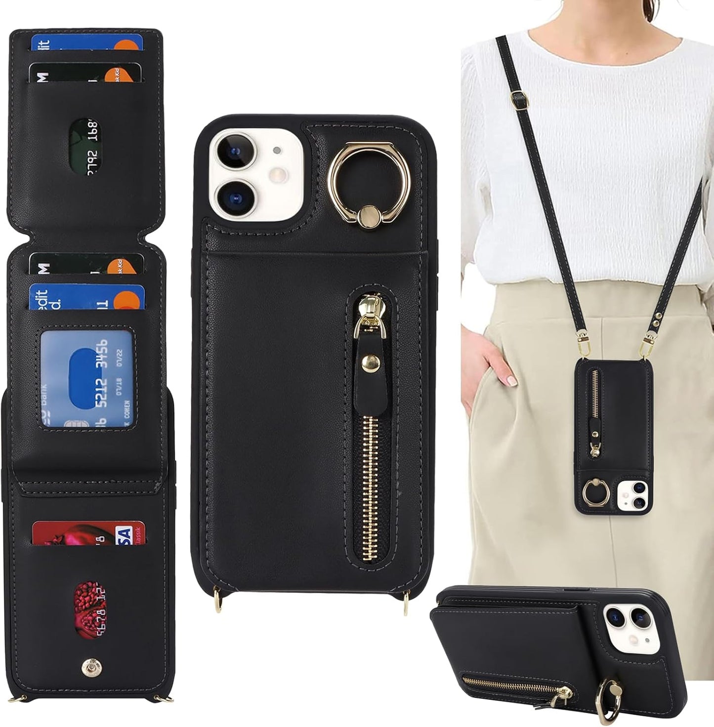 iPhone 12 Case Wallet with Card Holder for Women, Crossbody with Strap, Kickstand Zipper Case - Black