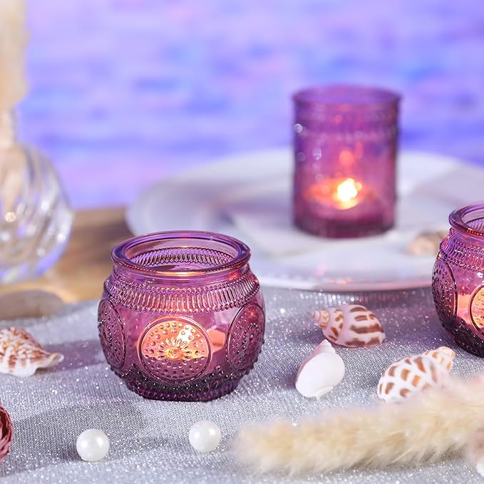 DARJEN 48Pcs Pueple Votive Candle Holders - Vintage Tea Lights Candle Holders, Glass Votives for Party, Wedding Table Centerpieces, Baby Shower Decor & Gift