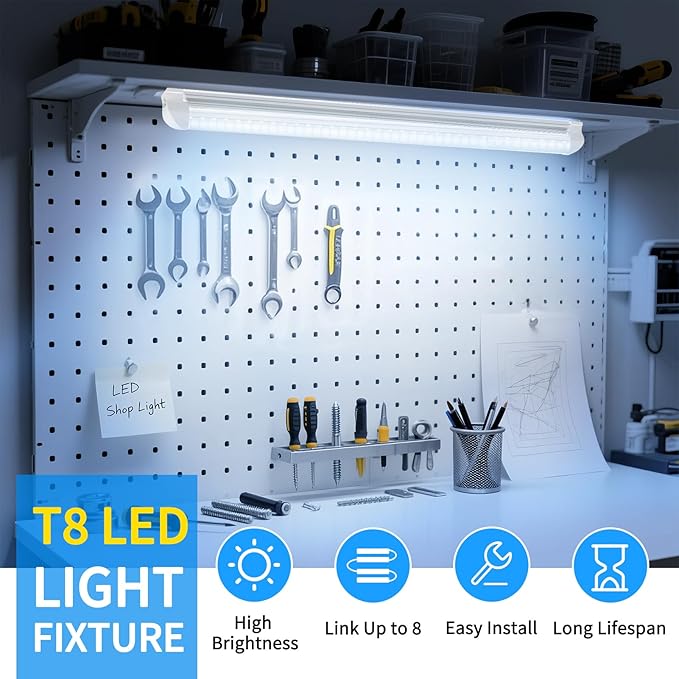 CNSUNWAY LED Shop Lights 2FT, (6 Pack) 20W High-Efficiency Under Cabinet Lighting (6500K Cool White), V-Shaped Linkable T8 Tube Light Fixtures – Shop Light for Workbench, Kitchen, Workshop, ETL Listed