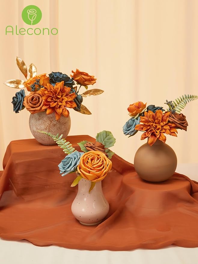 Alecono Artificial Flowers, Orange Fake Flowers for Fall Wedding Bouquets, Wedding Cake Flowers for Table Centerpieces Birthday Party Home Autumn Decor