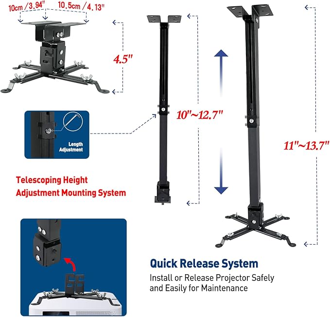Projector Ceiling Wall Mount Adjustable Height from 11 to 13.7 Inches Bracket with Extendable Arms Low Profile Holder Hanger for Home Office Compatible with Epson Optoma Benq (Black)