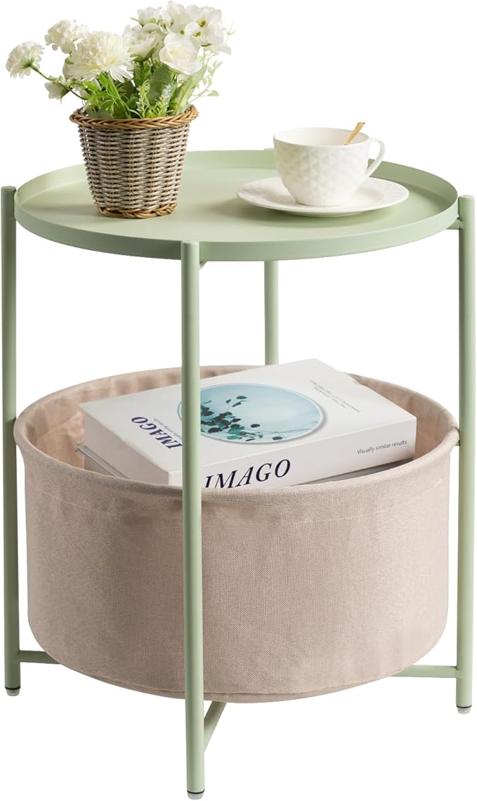 danpinera Round Side Table with Fabric Storage Basket, Metal Side Table Small Bedside Nightstand with Removable Tray Top for Living Room, Bedroom, Nursery, Laundry, Light Green