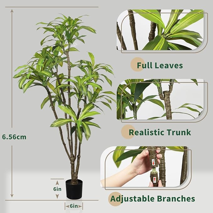 Artificial Dracaena Tree 6.5ft(78in) Faux Floor Plant for Indoor Decor Realistic Potted Tree with Texture Lifelike Leaves and Natural Wood Trunk for Home Living Room,Office Perfect Housewarming Gift