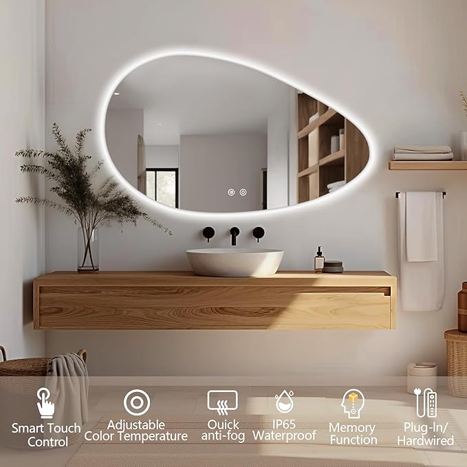 Niccy Irregular LED Bathroom Mirror with Lights, 24"x40" Asymmetrical Backlit-Mirror for Wall Mounted, Bathroom Vanity Mirrors with Memory, Dimmable, 3 Colors, Anti-Fog, IP65 Waterproof
