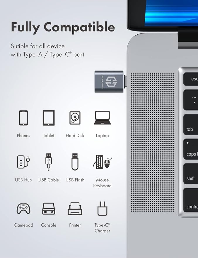 GRAUGEAR USB to USB-C Adapter Pack of 2, 10Gbps Data Transfer, USB-C Male to Type-A Female Adapter, Compatible with PC, Laptop, MacBook, iPhone, iPad, Apple Watch, USB Charger, Type C Devices
