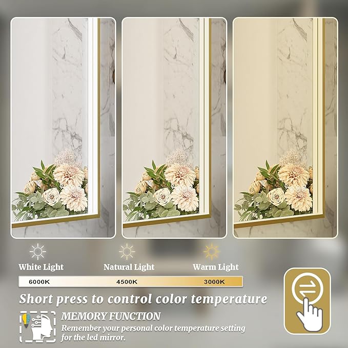 24x36 Inch LED Bathroom Mirror, Gold Metal Framed Lighted Mirror for Bathroom, Wall Mouted LED Vanity Mirror with Lights, 3 Colors and Stepless Dimmable, Anti-Fog, Memory