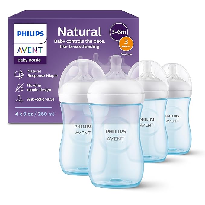 Philips Avent Natural Baby Bottles with Natural Response Nipples (Medium Flow, Flow 3), 9oz, Blue, 4-Pack, SCY903/24