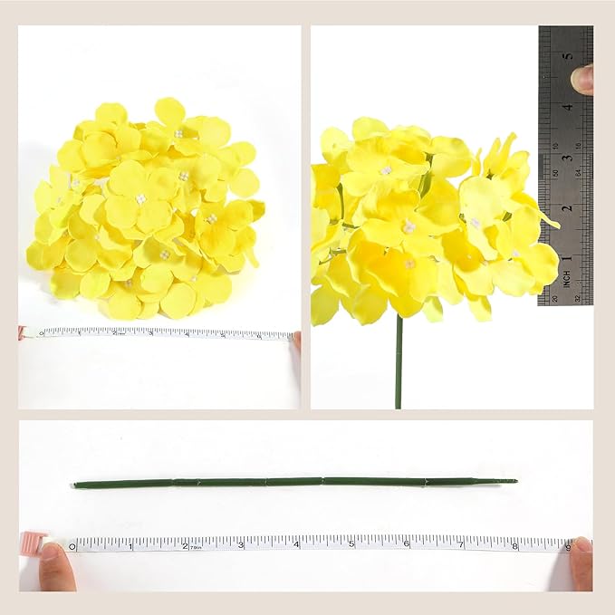 Auihiay 64pcs Hydrangea Artificial Flowers, Yellow Silk Hydrangea Heads with Stems, Hydrangea Flowers for DIY Wedding Centerpiece Baby Shower Home Party Decor (Yellow)
