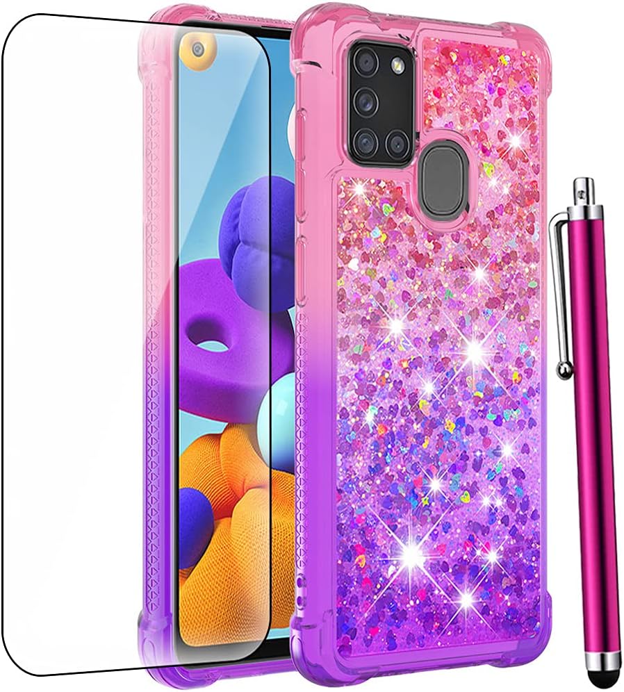 Samsung Galaxy A21S Case with Tempered Glass Screen Protector, Glitter Bling Floating Liquid TPU Shockproof Cover -