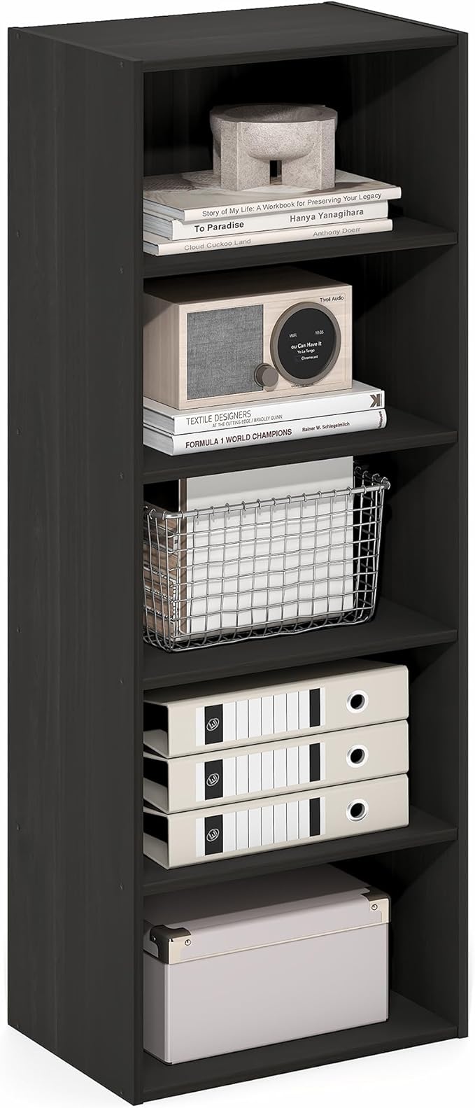 Furinno Basic Book Shelf, 5-Tier Bookshelf, Cube Storage Organizer Bookcase with Open Shelf, 11 x 17 x 44, for Living Room, Bedroom, Home Office, Espresso