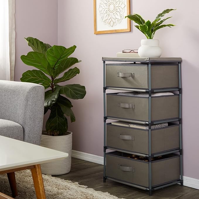 Juvale 4-Tier Dresser for Bedroom - 16.5 in x 13 in x 33 in, Light Gray Fabric, 4 Drawers - Narrow Closet Storage Drawers & Organizer - Steel Frame & Easy Assembly