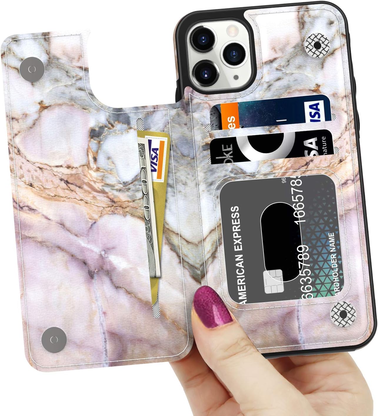 LETO iPhone 11 Pro Max Case, Leather Wallet Flip Folio Cover with Card Slots and Kickstand, Protective Phone Case (Pink
