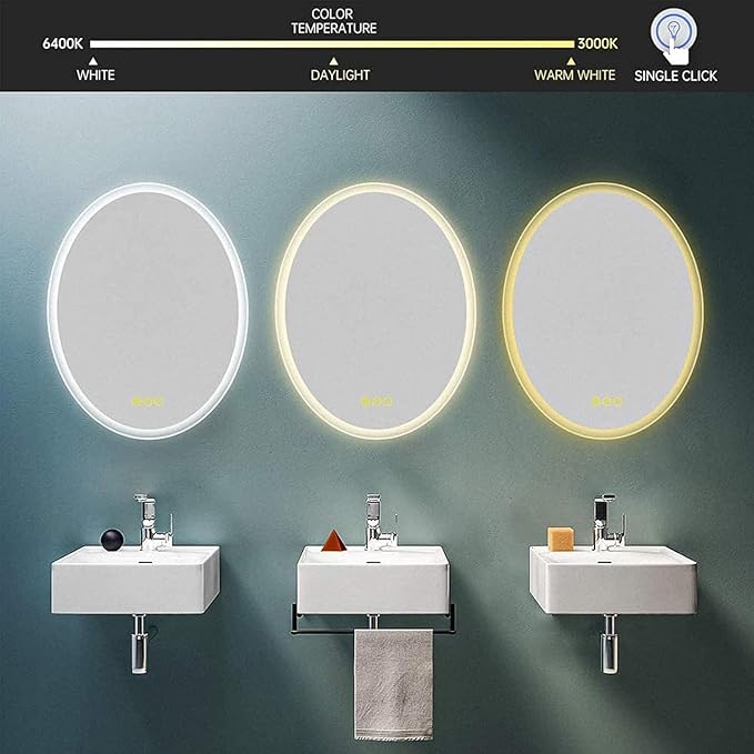Wall-Mounted LED Oval Bathroom Mirror, Makeup Mirror (32 inches x 24 inches,) 3 Color Stepless Dimmable Memory Bathroom Vanity Mirror with Lights CRI90+ 3000-6400K Smart Mirror with Touch