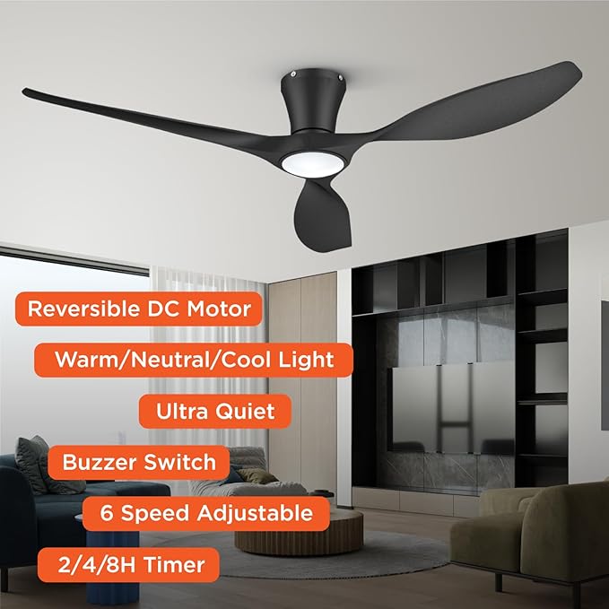 TALOYA Ceiling Fans with Lights,52 inch Modern Low Profile Ceiling Fan with Quiet Reversible DC Motor,Flush Mount,3CCT, Black Ceiling Fan for Bedroom Living Room Kitchen and Patio