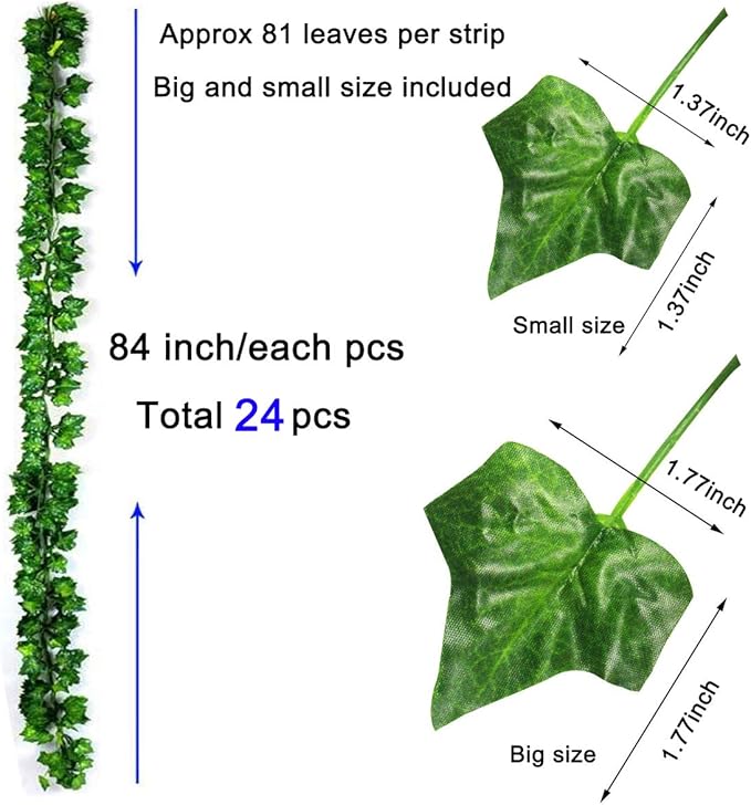 KASZOO 24Pack / Each 82 inch, Artificial Ivy Garland Fake Plants with 160 LED String Light, Green for Wedding Party Garden Outdoor Greenery Wall Decoration