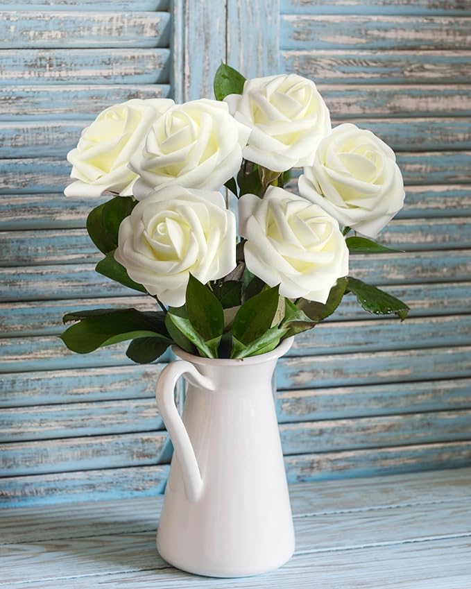 JOYLEX Artificial Flowers Realistic Roses, Real Looking Fake Roses with Stem for DIY Wedding Bouquets Centerpieces Bridal Shower Party Home Romantic Decorations (Milk White, Regular 3" - 200pcs)
