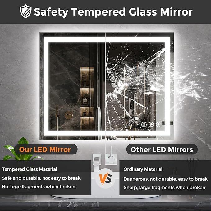 Koonmi 30x40 LED Bathroom Mirror, Backlit + Front Lit, LED Bathroom Mirror with Lights for Wall, 3 Colors, Anti-Fog, Dimmable Brightness, Memory Function, Tempered Glass