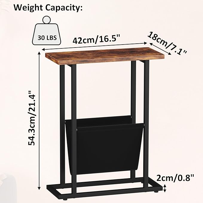 Narrow Side Table for Small Spaces, Small End Table with Magazine Holder, Skinny Slim Little Thin Table for Living Room, Bedroom, Sofa, Rustic Brown