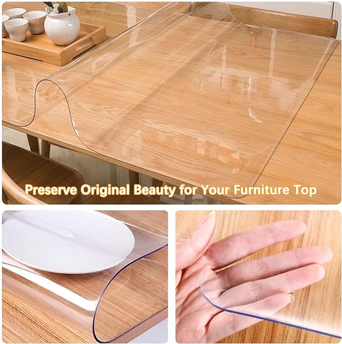 Multisize Clear PVC Table Cover Protector Large Plastic Crystal Table Pad Rectangular Tablecloth Dining Kitchen Coffee Table Wood Furniture Protective Cover Vinyl Table cloth Desk Pad 60 x 96 Inch 8ft