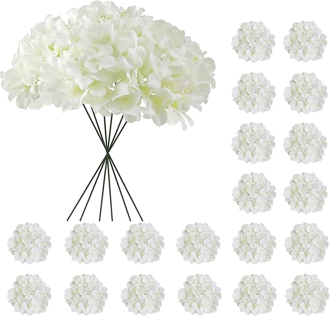 20 Pcs White Hydrangea Artificial Flowers Bulk, Faux Hydrangea Flowers Heads, Artificial Fake Silk Hydrangea Flowers with Stems, White Flowers Artificial for Decoration Wedding Décor