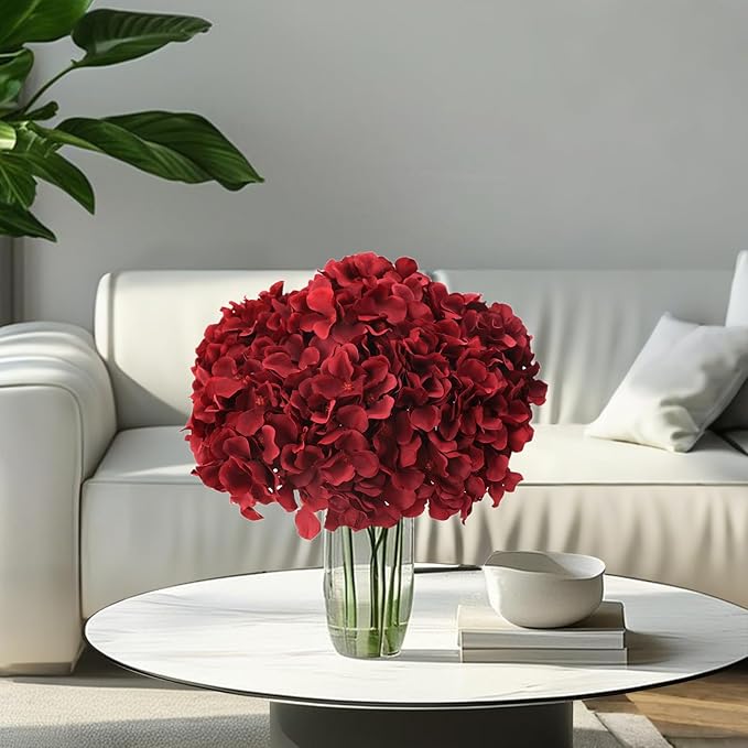 AVIVIHO Burgundy Artificial Flowers Fake Hydrangeas 10pcs Heads Full Faux Hydrangea Flowers Artificial Silk Flowers with Stems for Wedding Home Party Shop Baby Shower Decoration