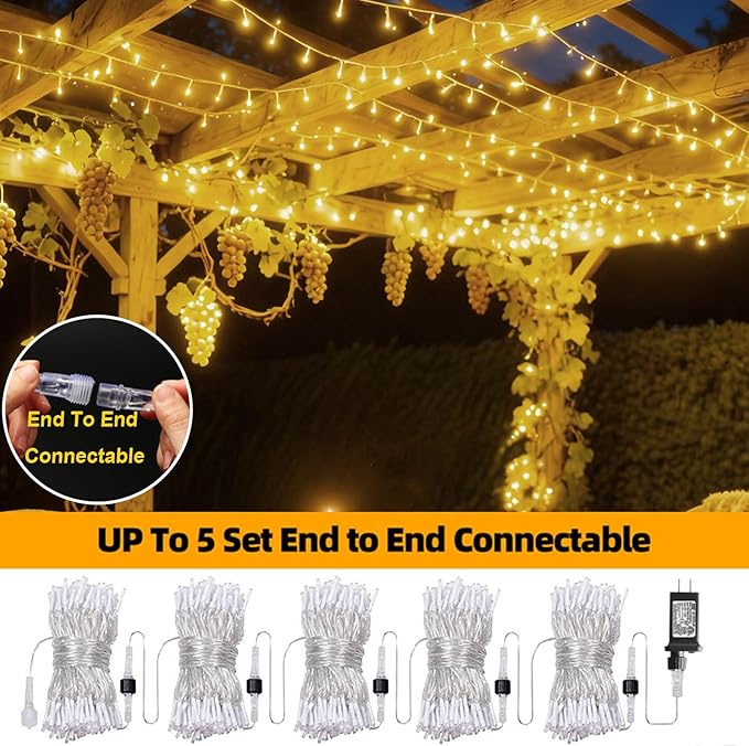 66Ft 200LED Warm White Christmas Lights Plug in,8 Modes Connectable String Light Classroom Lights Indoor Outdoor for Halloween Christmas Tree Bedroom Garden Decor (Clear Wire)