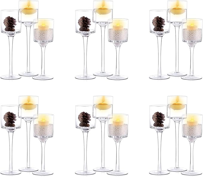NUPTIO Stemmed Candle Holders Bulk: Set of 18 Tea Light Holders for Floating Pillar Candles - Clear Monet Candle Stands for Wedding Table Centerpiece Decor
