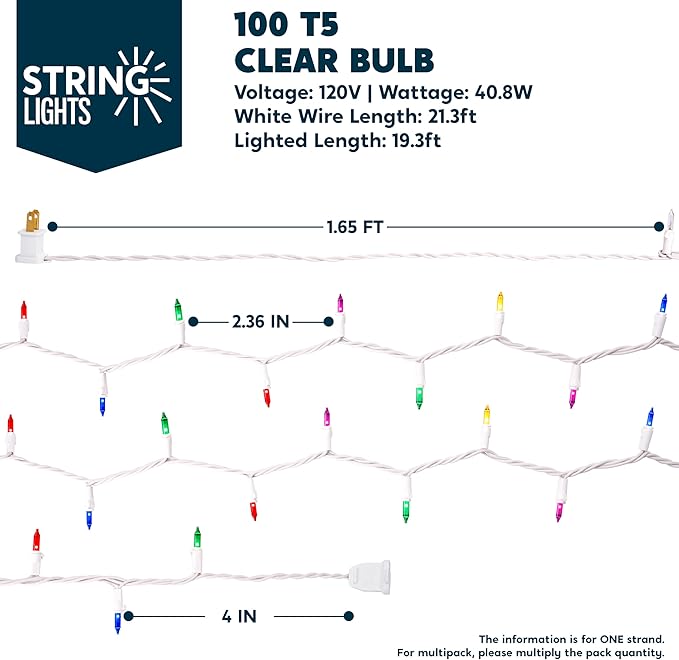 Joiedomi Christmas String Lights Indoor,100 Count Mini Multicolor Light with 21.4 FT White Wire,Lighting Decor for Patio Dorm Classroom Bedroom Holiday Wedding Party Garland Birthday Festival