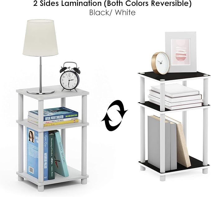 Furinno JUST Side Table, 3-Tier End Table, Open Shelves Night Stand, Bedside Table, Toolless Assembly, for Living Room, Bedroom, Bathroom, White(Espresso)