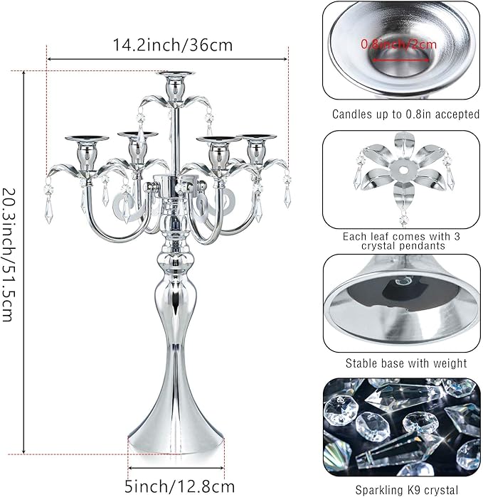 2 Pcs 20.3'' Tall 5 Arm Silver Candelabra Centerpiece for Table, Metal Crdystal Candle Holder, Retro Candlestick Table Centerpieces for Party, Events, Home, Wedding Decor (2, Silver)
