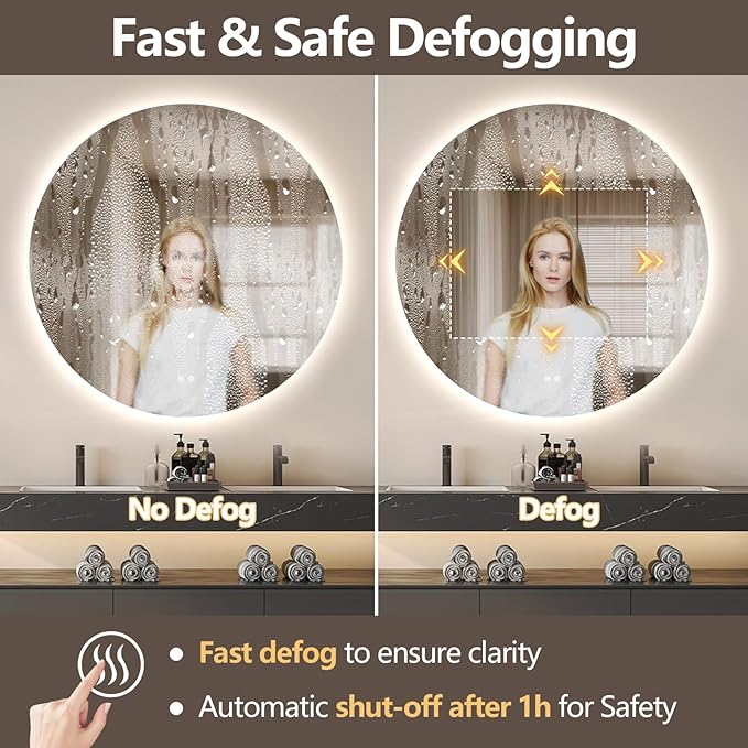 Niccy Round Led Mirror for Bathroom, 44" Circle Frameless Backlit Mirror wiht Light, Anti-Fog, 3 Colors, Waterproof, Memory Function