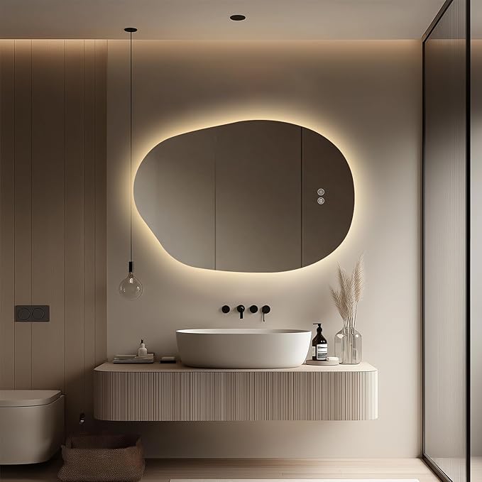 LED Bathroom Mirror with Lights 26x38, Stepless Dimmable Irregular Backlit Mirror with 3 Colors, Anti-Fog, Memory, Al-Alloy Lampshade, Frameless Vanity Mirror for Bathroom (Horizontal/Vertical)