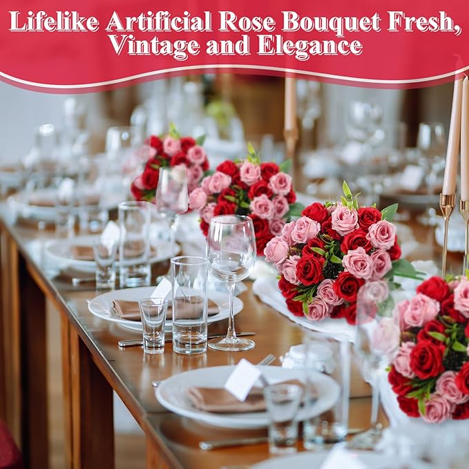 Zeyune 8 Pack 12 Inch Wedding Bouquets for Bride Bridesmaid Red and Pink Artificial Rose Bouquet Fake Silk Roses Flowers Bunches Bulk for Home Office Garden Parties Decoration