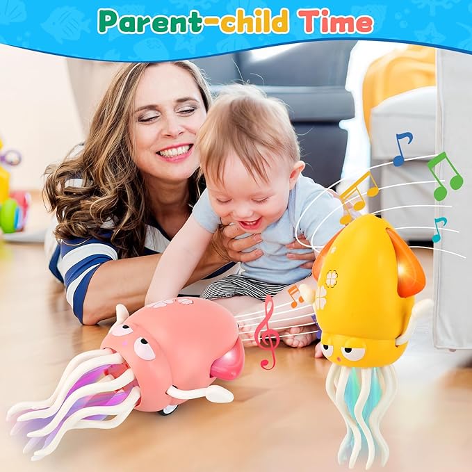 USB Rechargeable Dancing Octopus Baby Toy - Electric Crawling & Tummy Time Toy, Magical Musical Squid, Stress-Relief Desk Decor - Birthday for Kids Ages 1 2 3 4 5 6 Girls (Pink)