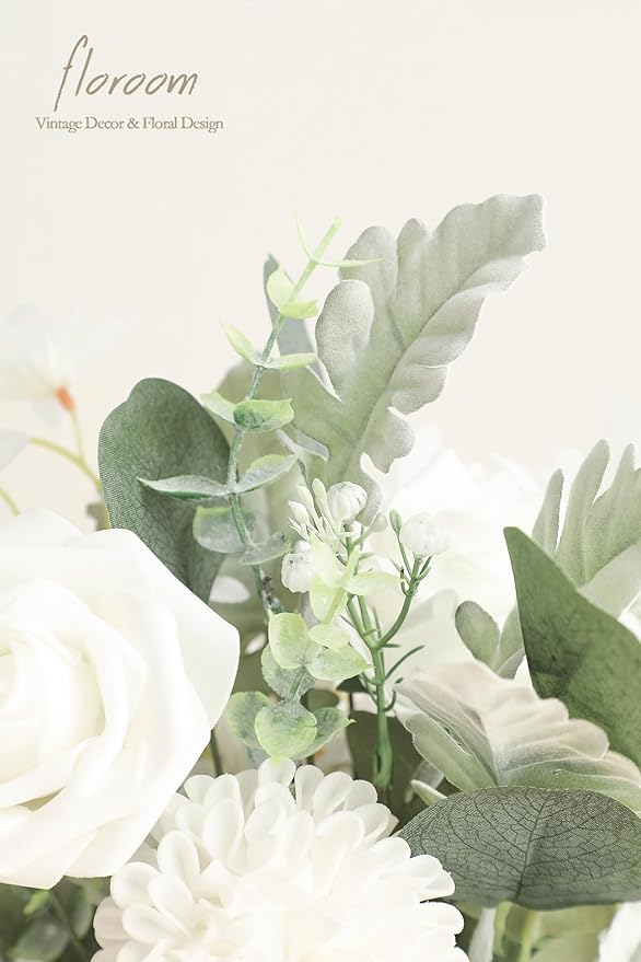 Floroom Artificial Greenery Stems Box Set, 97pcs with 6 Kinds of Faux Greenery Flowers Picks for DIY Bridal Bouquets Wedding Floral Arrangement Table Centerpieces, Sage Green & White