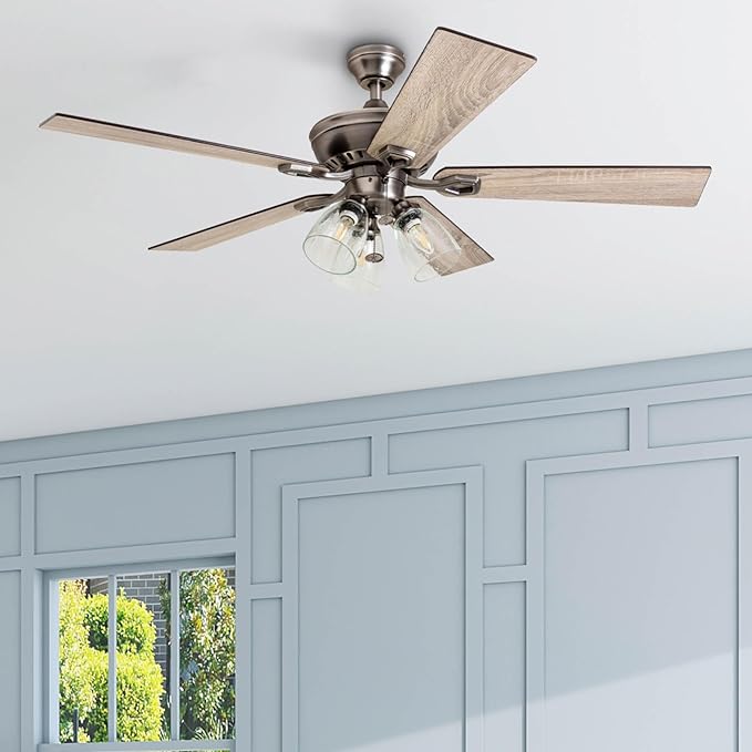 Prominence Home Glenmont, 52 Inch Farmhouse LED Ceiling Fan with Light, Pull Chain, Three Mounting Options, Dual Finish Blades, Reversible Motor - 50388-01 (Pewter)