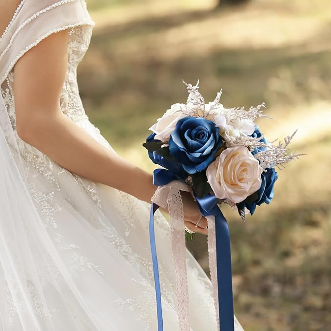 LEIFENY Wedding Bouquets for Bride, Champagne White & Royal Blue Bridal Bridesmaid Wedding Flowers, Artificial Toss Rose for Civil Ceremony (Hollow Lace Ribbon Handle)