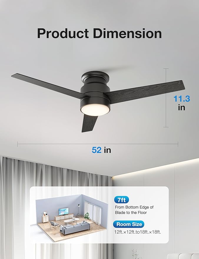 warmiplanet Flush Mount Ceiling Fan with Lights Remote Control, 52-Inch, Black, 3-Blades