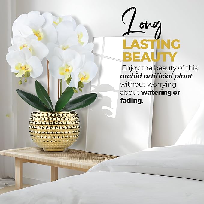 Large Orchids Artificial Flowers, 17'' White Faux Orchids with Gold Pot for Living Room Decor, White Faux Orchid Plant for Bathroom Kitchen Home Indoor Hotel Decor (Large Gold)