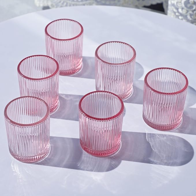 VOHO Pink Candle Holder Set of 12, Ribbed Votive Candle Holders for Pink Room Decor, Tealight Candle Holder Romantic Gifts for Valentine Christmas Decorations(2.1'' x 2.6'')