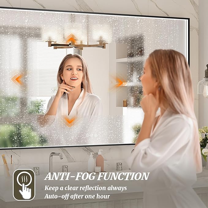 55x32 Inch LED Bathroom Mirror, Black Metal Framed Lighted Mirror for Bathroom, Wall Mouted LED Vanity Mirror with Lights, 3 Colors and Stepless Dimmable, Anti-Fog, Memory