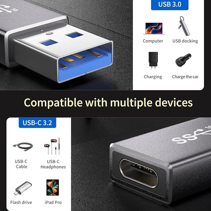 [10Gbps 2 Pack] USB C Female to USB A Male Adapter - USB 3.2 Converter High Speed 10Gbps Data Transfer & 60W Fast Charging, Compatible with Apple/iPhone/iPad